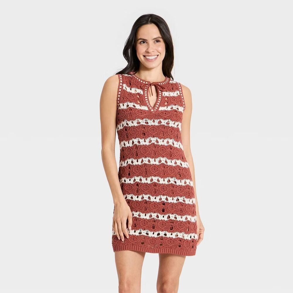 Universal Thread Crochet Knit Sleeveless Mini Dress - Rust Striped - Womens XL
